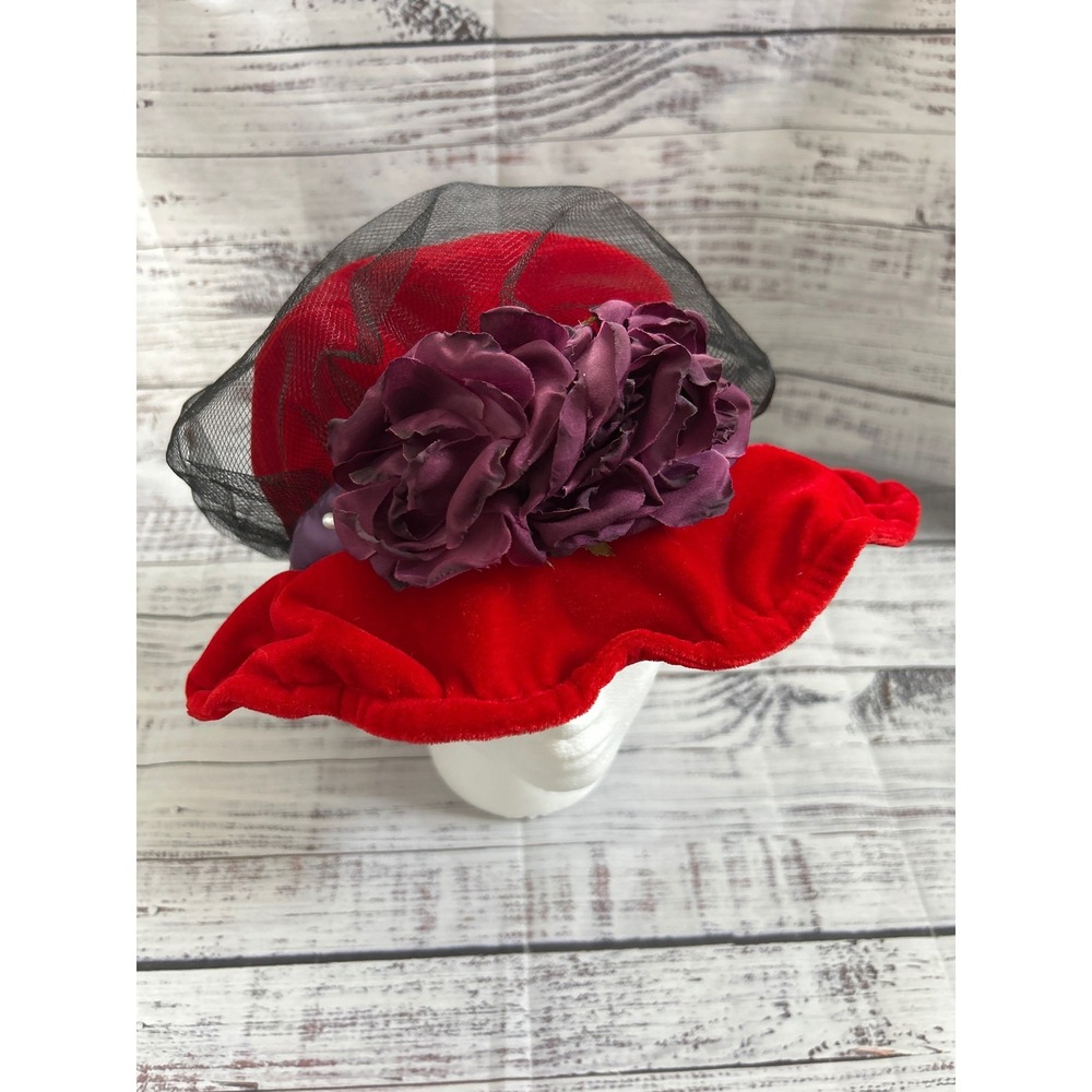 Red Hat Society Velvet Cloche Hat Red Purple Roses Tulle Overlay Grannycore‎